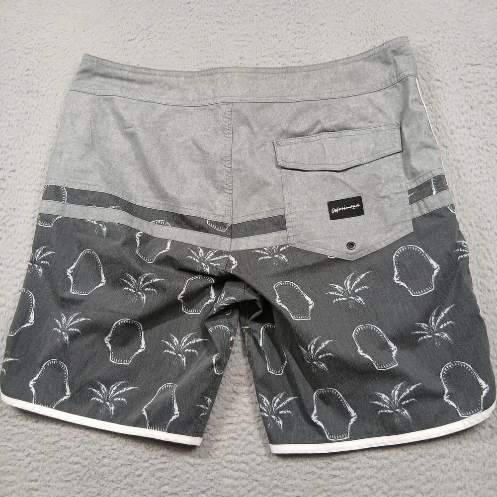 Quiksilver Board Shorts Mens 36 Grey‎ Shark Jaw Palm Print Swim Trunks Surf